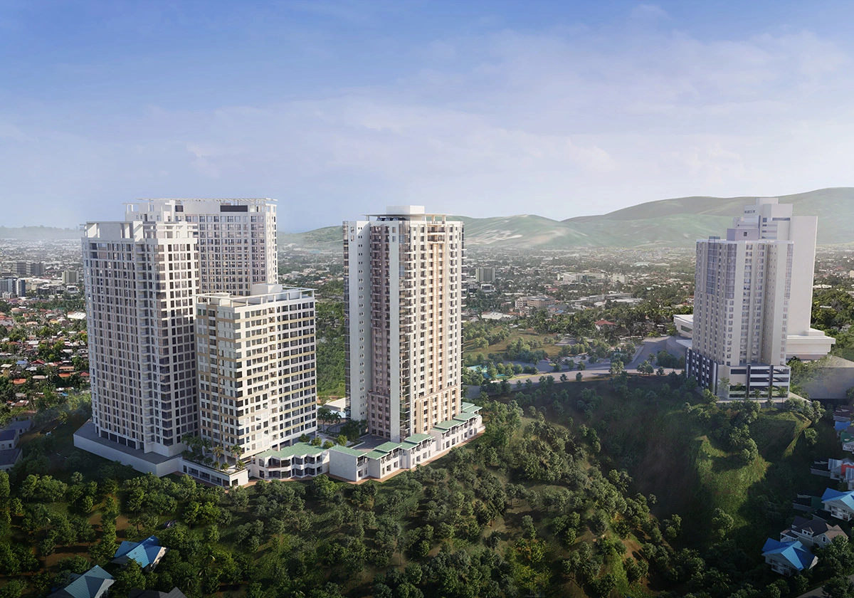 Semi-aerial view of Marco Polo Residences and its landscaped amenities